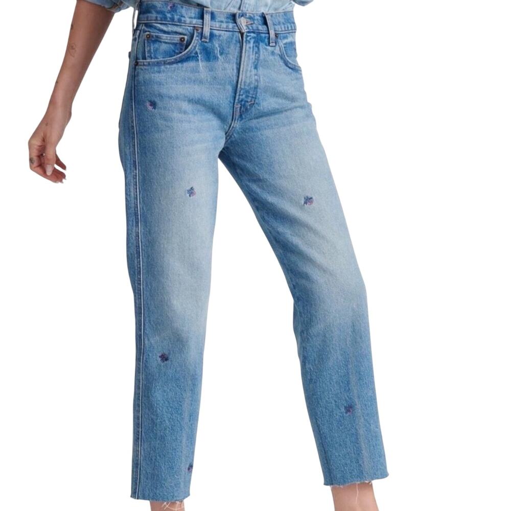 Lucky Brand Sienna Boyfriend Jeans 4/27 Light Wash Embroidered Raw Hem Denim